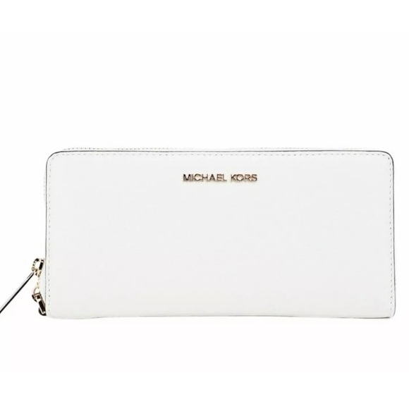 Michael Kors Jet Set Travel Continental Leather Wallet Wristlet In Optic White - Picture 1 of 6